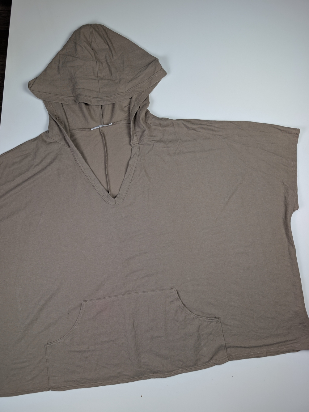 Tres Bien Womens Oversized Short Sleeve Hoodie Top Taupe Brown Boxy Poncho OS